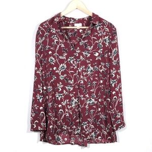 M J. Jill Burgundy Floral Button Up Tunic Blouse